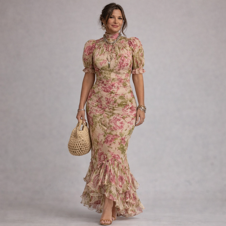 Erikka - Chiffon Floral Dress With Ruffled Hemline