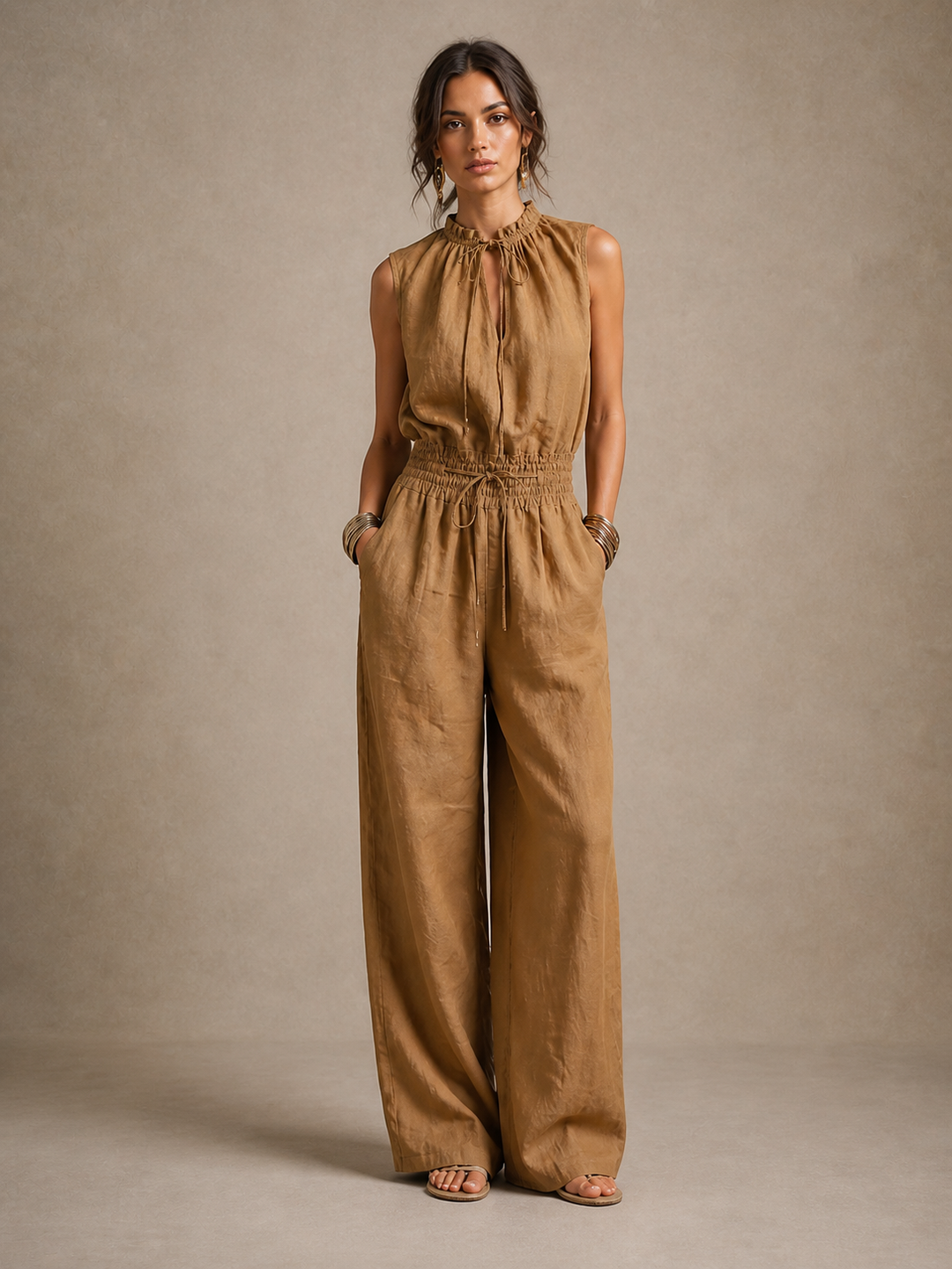 Lygenza - Sleeveless Tie-Neck Wide Leg Jumpsuit