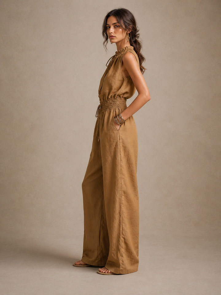Lygenza - Sleeveless Tie-Neck Wide Leg Jumpsuit