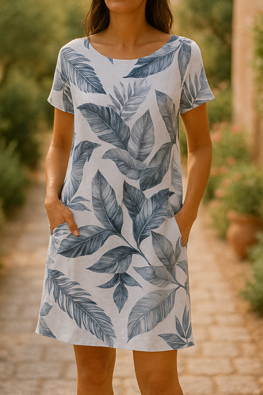 Frankie - Elegant Leaf Print Linen Dress
