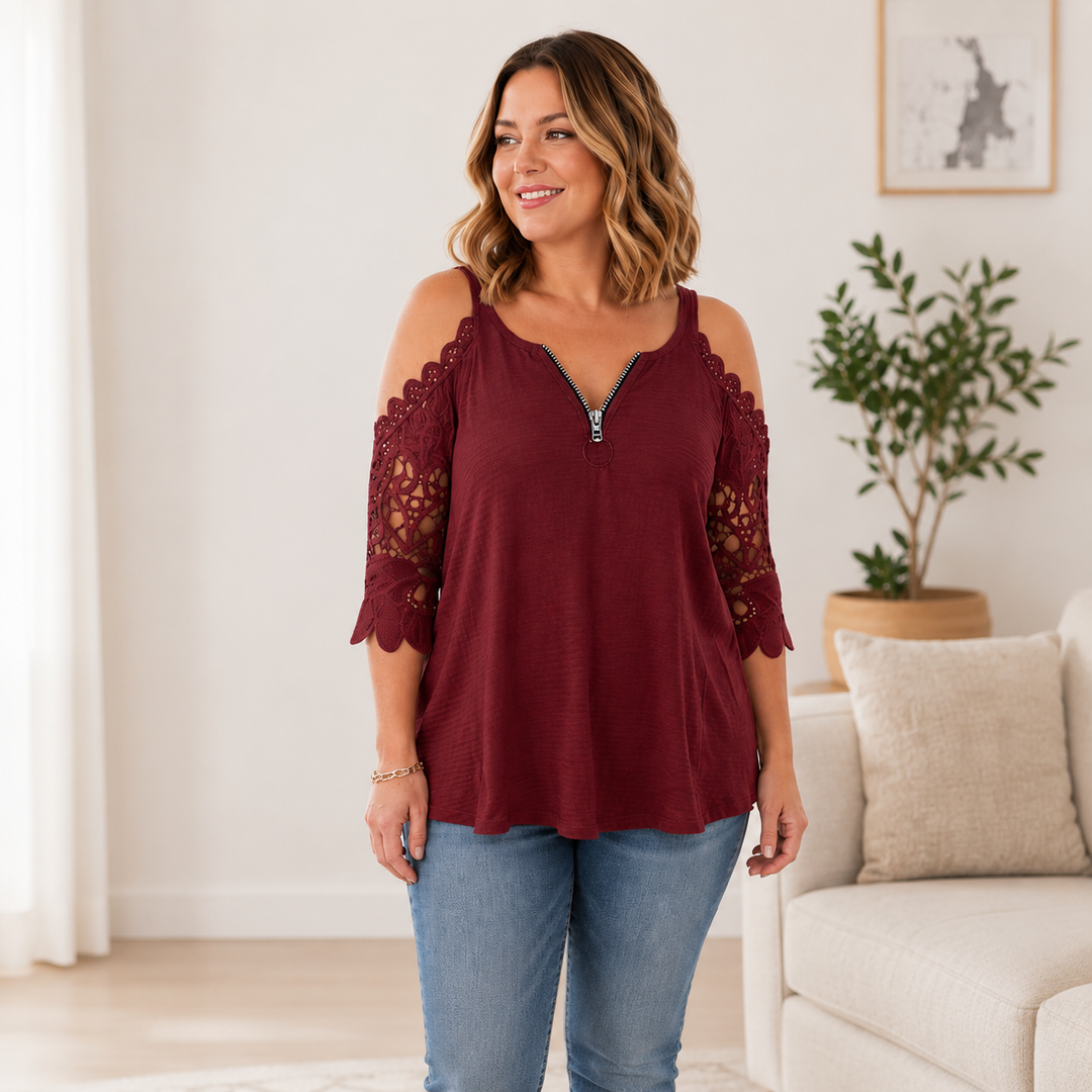 Palchuk - Elegant Lace Blouse With Open Shoulder