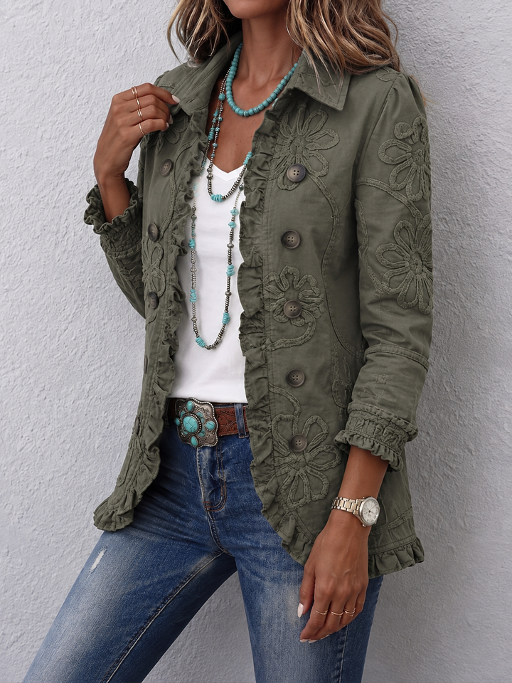 Loviita - Floral Embroidered Button-Front Ruffle Hem Jacket