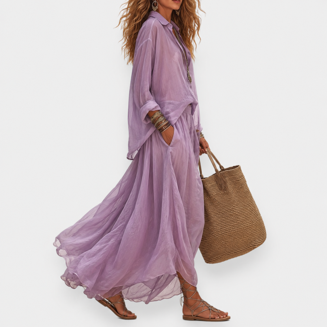 Luena - Shirt And Long Pleated Skirt Set