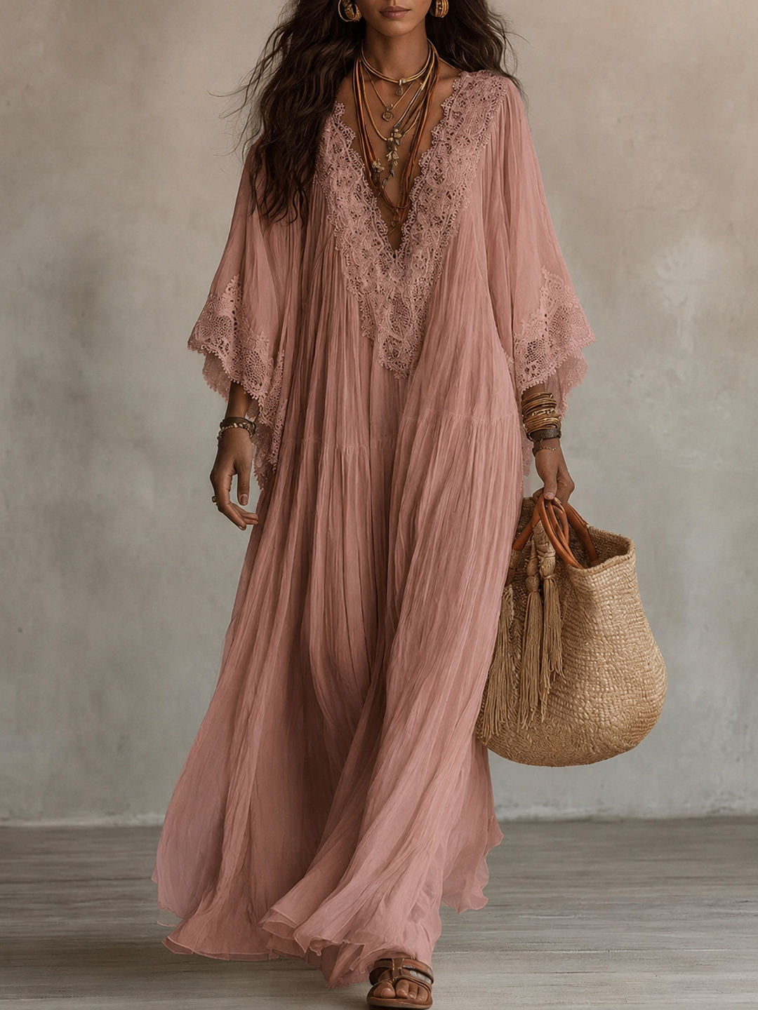 Avelella - Long Ivory Chiffon and Lace Dress