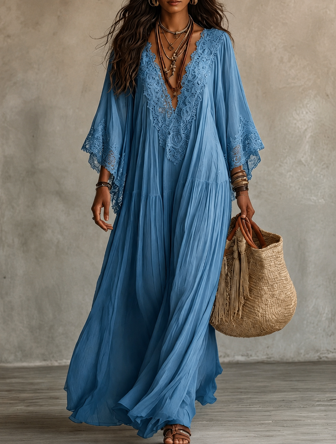 Avelella - Long Ivory Chiffon and Lace Dress