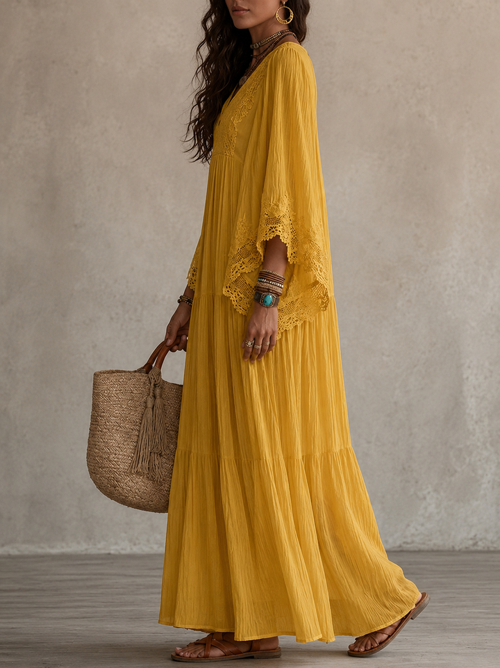 Avelella - Long Ivory Chiffon and Lace Dress