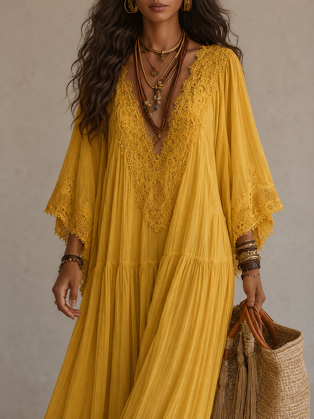 Avelella - Long Ivory Chiffon and Lace Dress