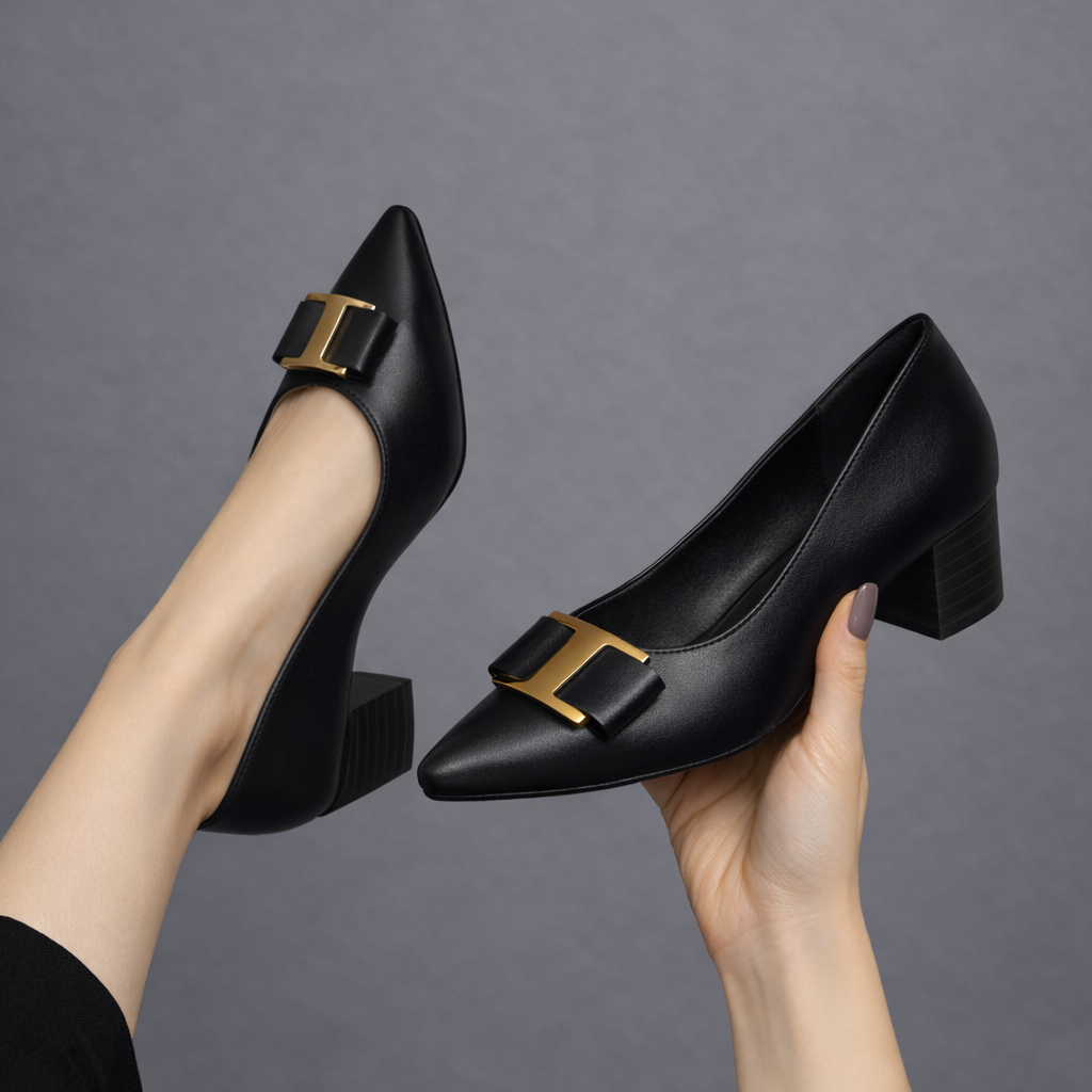 Hadeel - Pointed Toe Block Heel Shoes With Bow Buckle