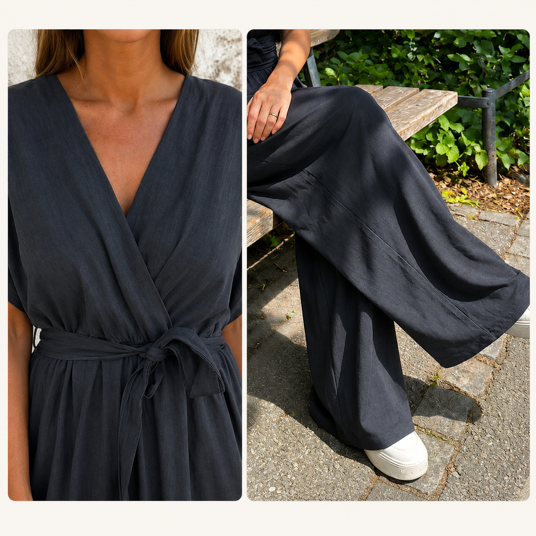 Meryem - Casual V-Neck Tie Waist Wide Leg Jumpsuit