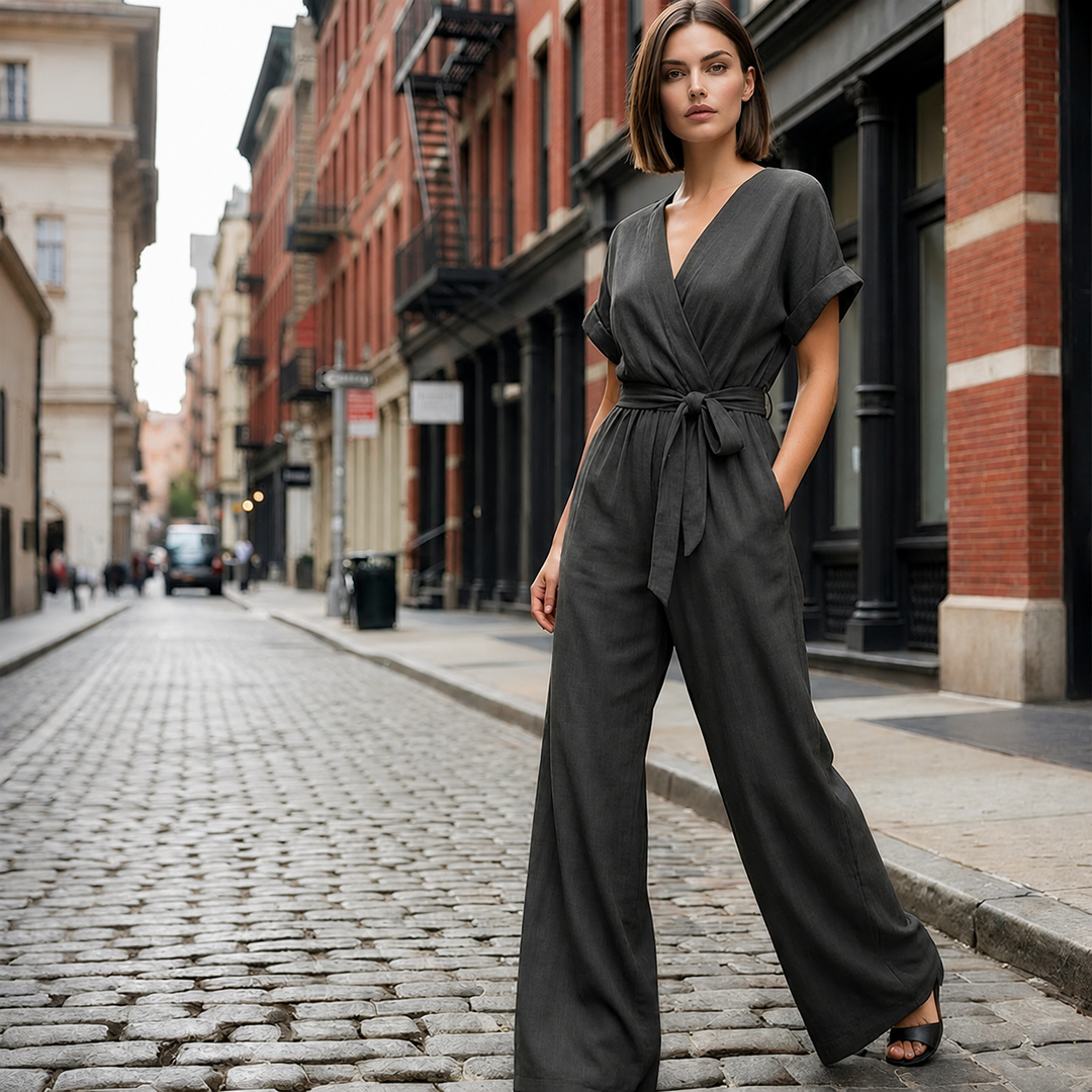 Meryem - Casual V-Neck Tie Waist Wide Leg Jumpsuit