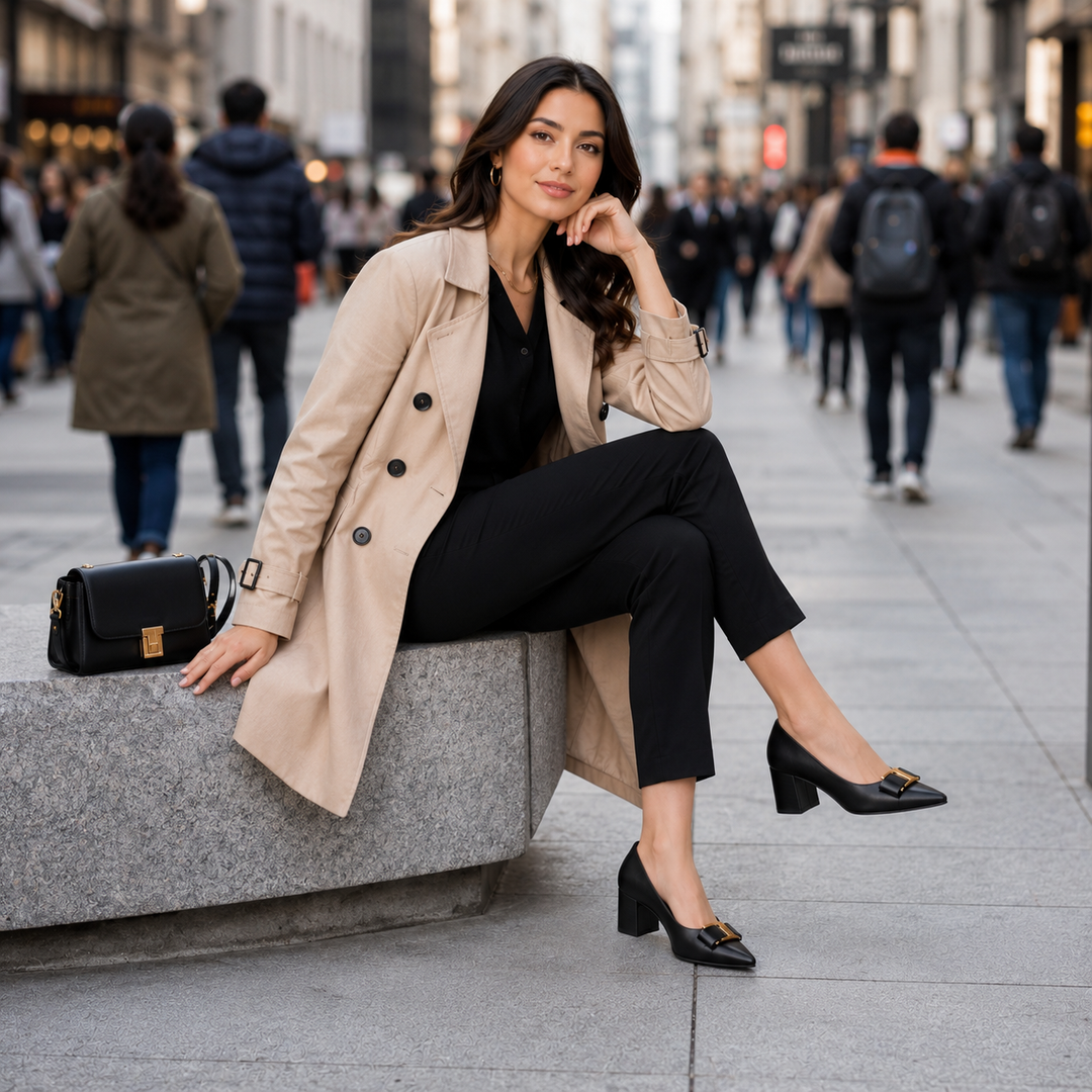 Hadeel - Pointed Toe Block Heel Shoes With Bow Buckle