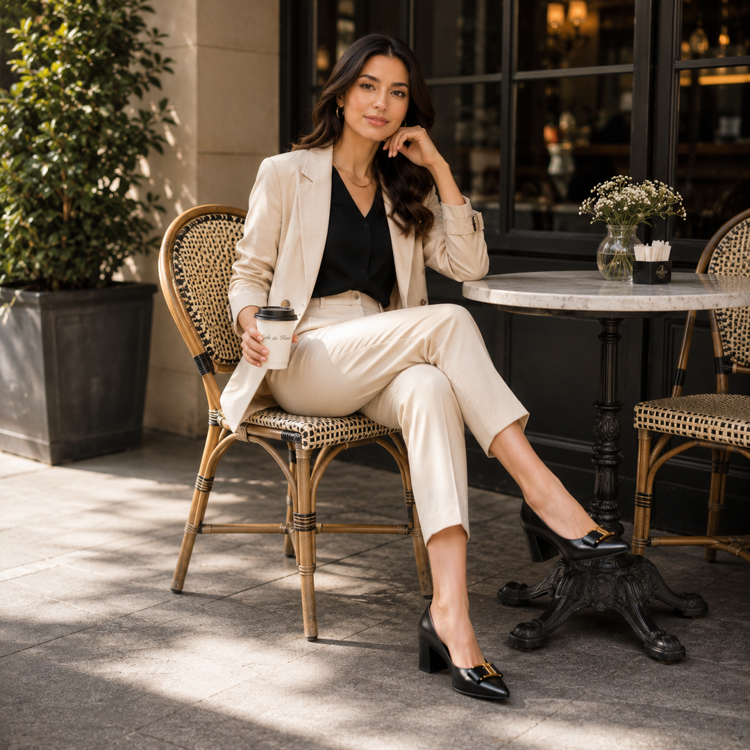 Hadeel - Pointed Toe Block Heel Shoes With Bow Buckle