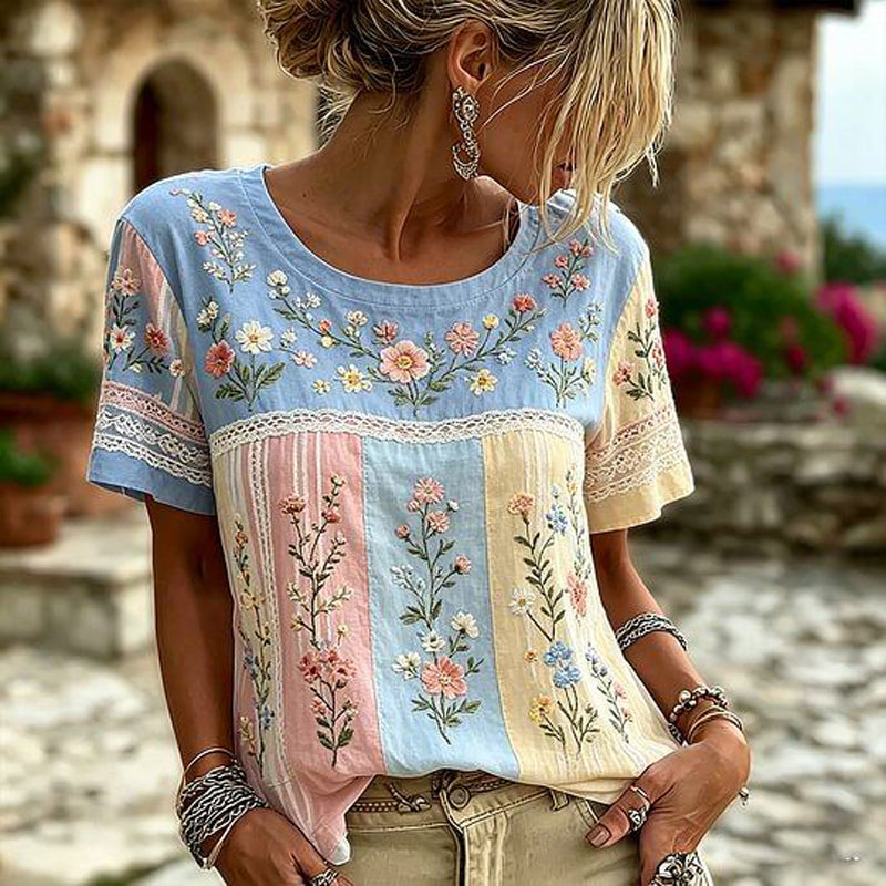 Ximina - Floral Embroidered Patchwork Short Sleeve Top