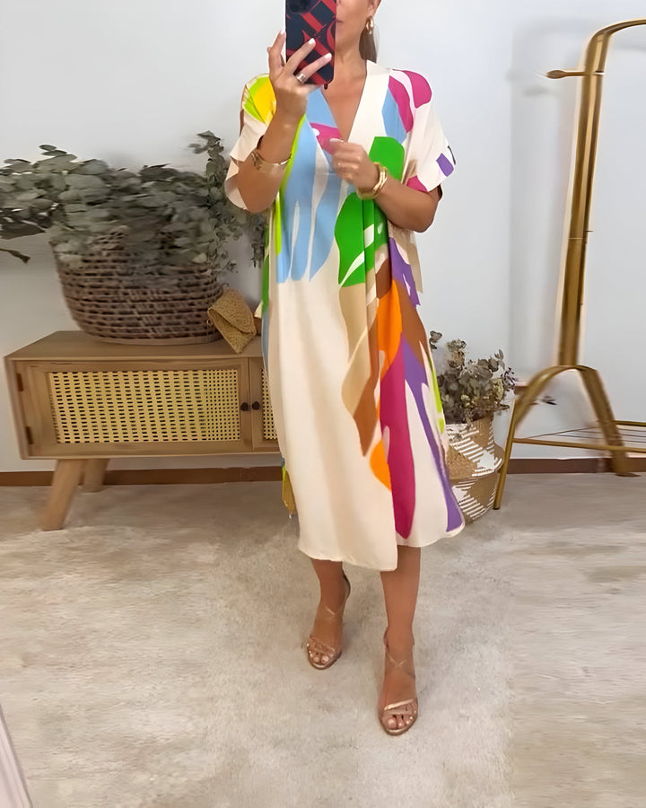 Madeline - Colorful Casual Dress With V-Neck