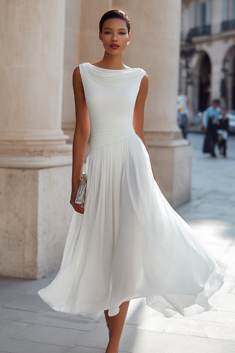 Ottiiuza - Sleeveless Draped Neck Pleated Midi Dress