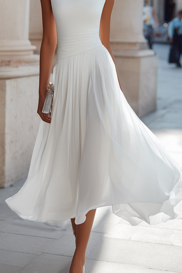 Ottiiuza - Sleeveless Draped Neck Pleated Midi Dress