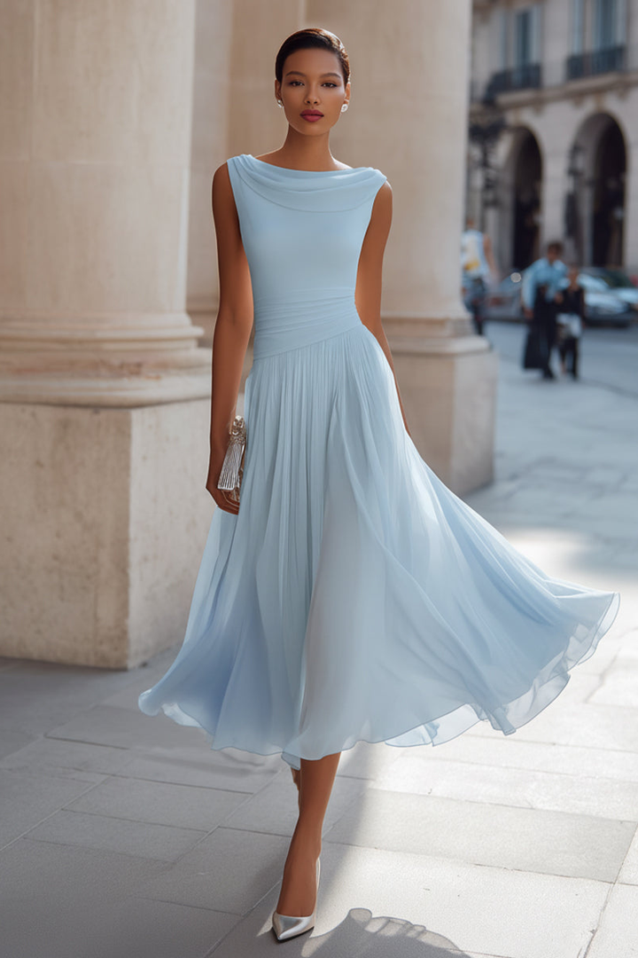 Ottiiuza - Sleeveless Draped Neck Pleated Midi Dress