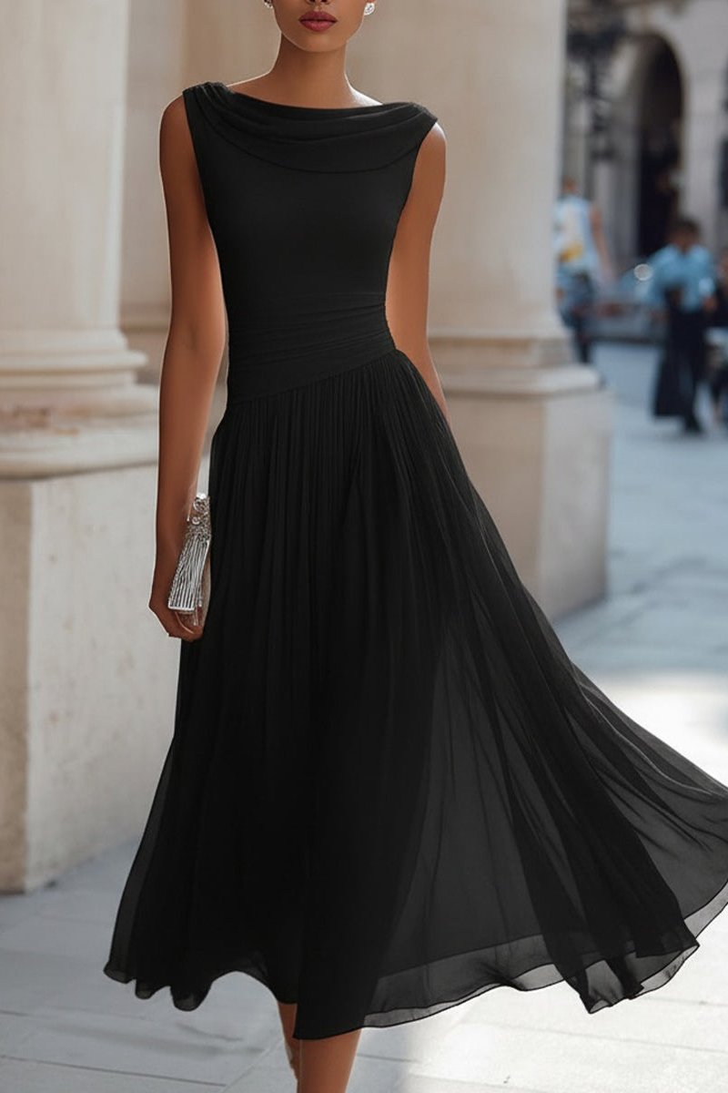 Ottiiuza - Sleeveless Draped Neck Pleated Midi Dress