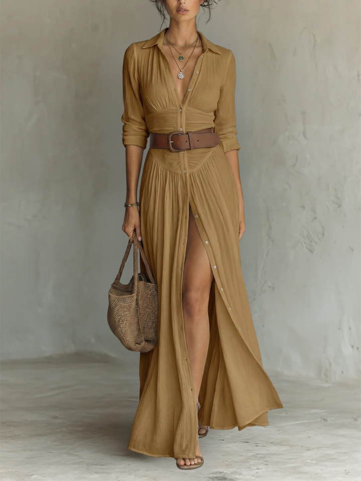 Sewmini - Linen Maxi Dress With Lapel Collar