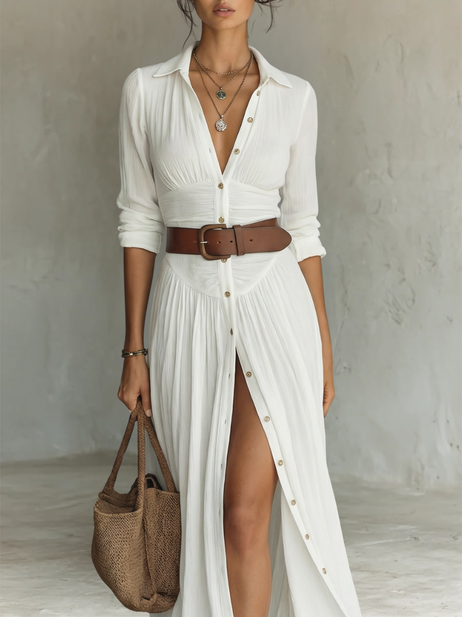 Sewmini - Linen Maxi Dress With Lapel Collar