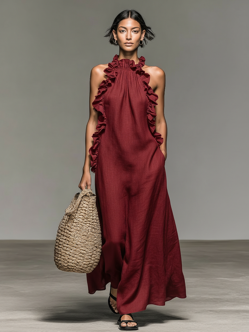 Brigonira - Sleeveless Ruffle Halter Neck Long Dress With Pockets