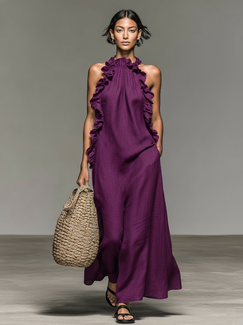 Brigonira - Sleeveless Ruffle Halter Neck Long Dress With Pockets