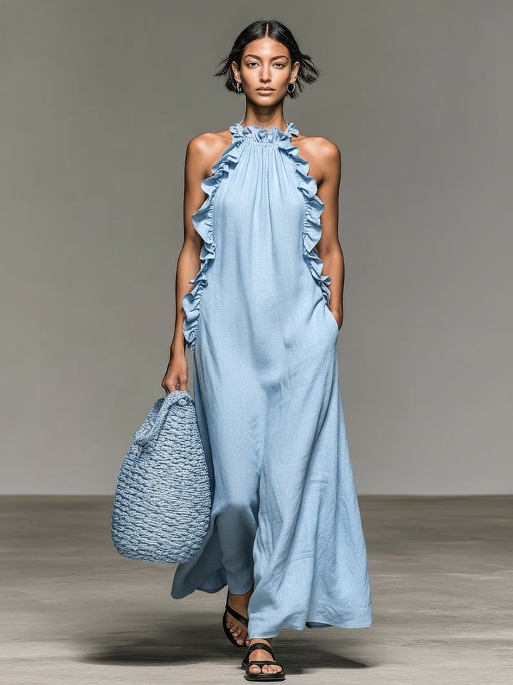 Brigonira - Sleeveless Ruffle Halter Neck Long Dress With Pockets