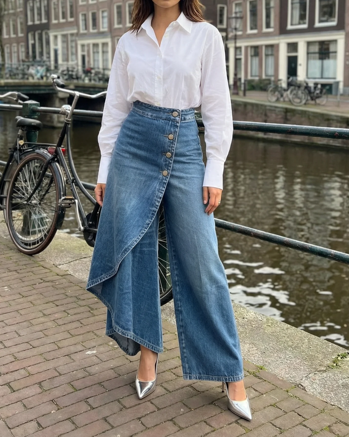 Elpida - Wrap Overlay Button Front Wide Leg Jeans