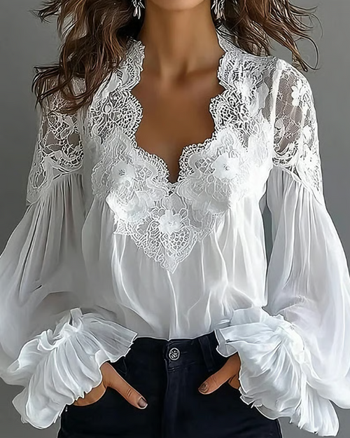 Katija - Blouse With Floral Lace And Lantern Sleeves