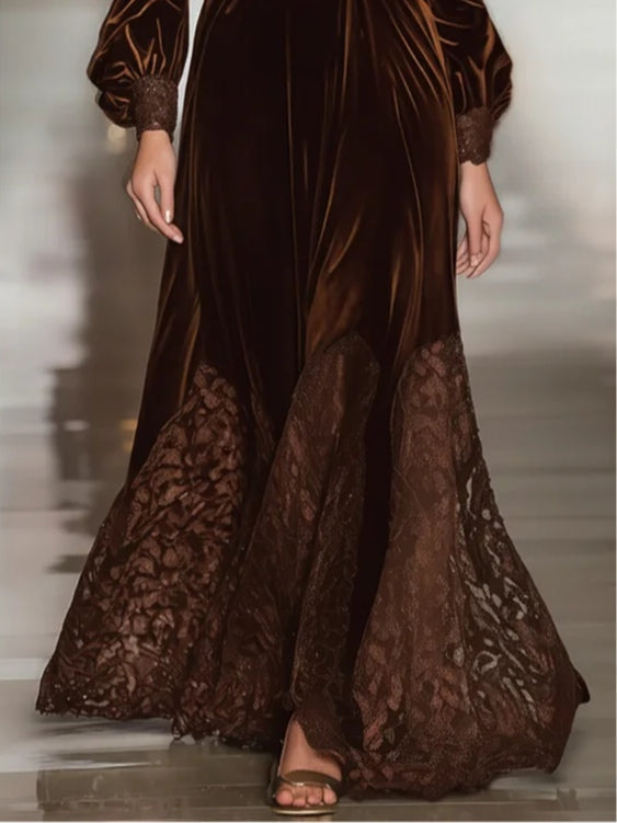 Yasna - Velvet Maxi Dresses with High Neck and Patchwork
