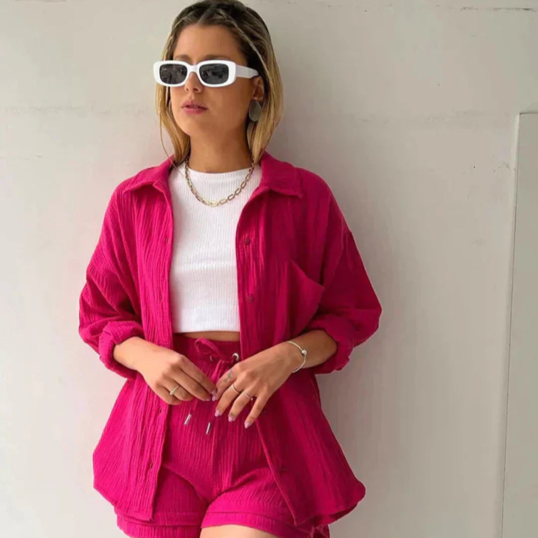 Katelyn - Two Piece Cotton Shirt And Shorts Set