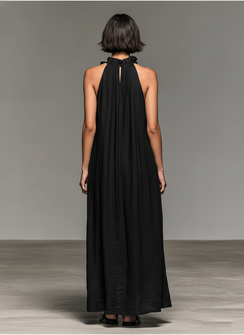Brigonira - Sleeveless Ruffle Halter Neck Long Dress With Pockets