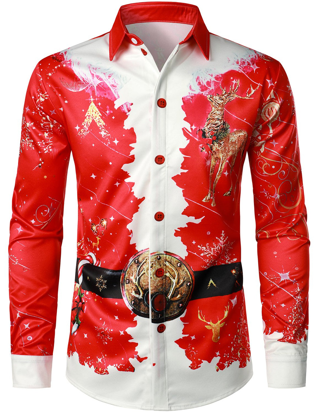 Beau - Men's Christmas-Inspired Top red fun outfit Holiday Button-Down Long-Sleeved Shirt
