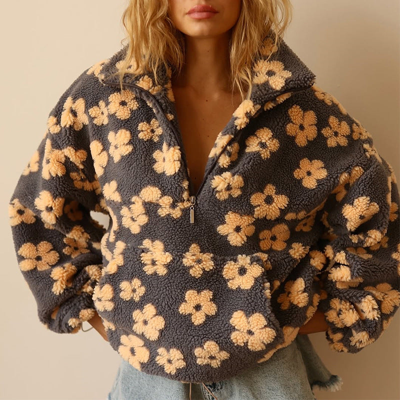 Mirais-Floral Print Fleece Sweater