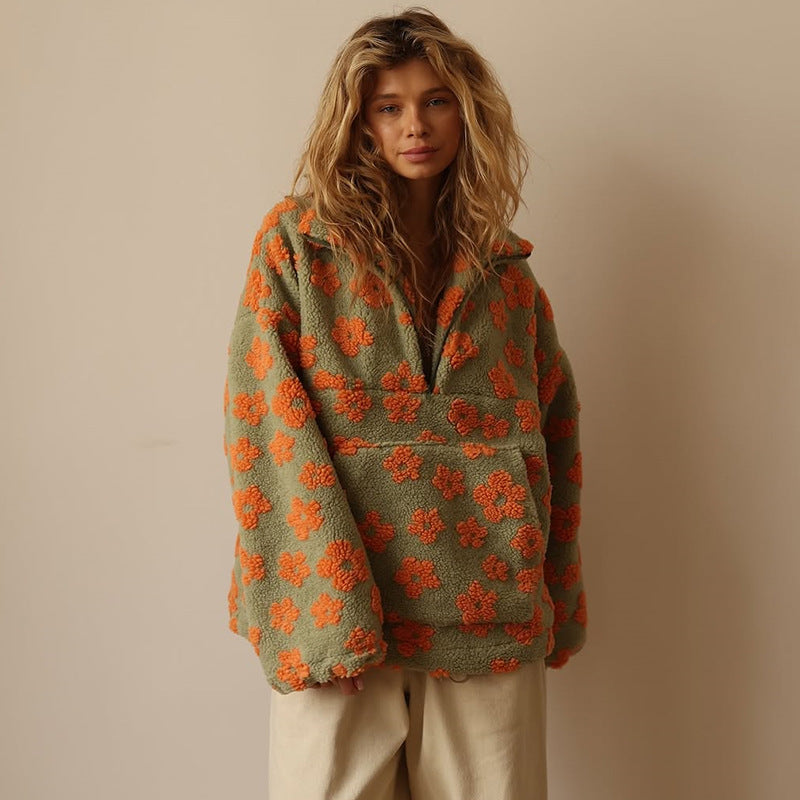 Azelma - Long Sleeve And Floral Print Fleece Sweater