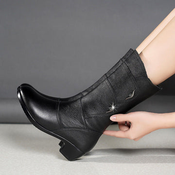 Dianina - Leather Boots with Low Block Heel And Decorative Acents