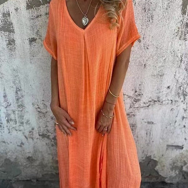 Naduni - Stylish V-Neck Cotton Linen Dress