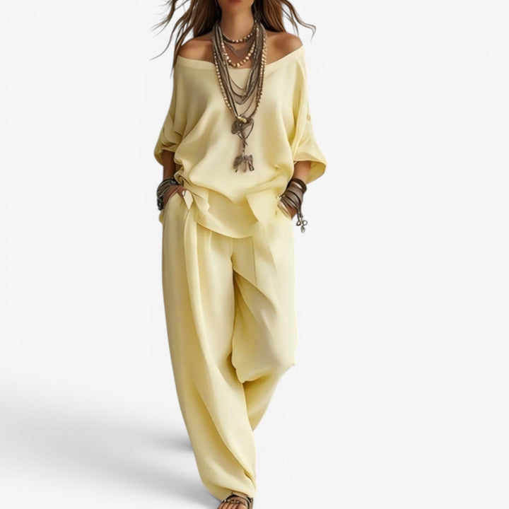 Shompa - Oversized Off Shoulder Top And Wide Leg Trouser Set