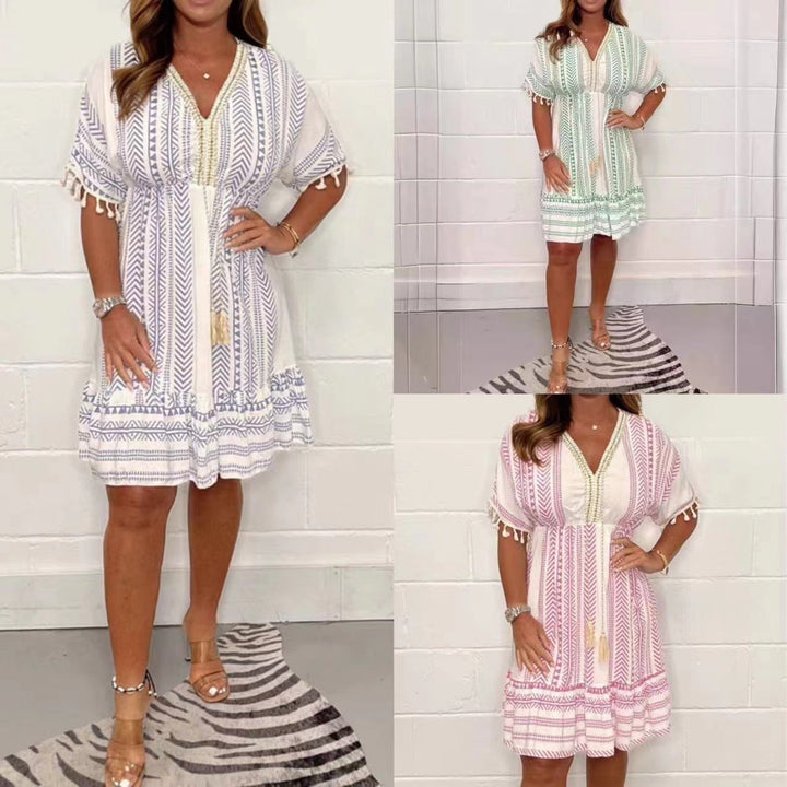Wibina -  Printed and V-Neck Casual Dress