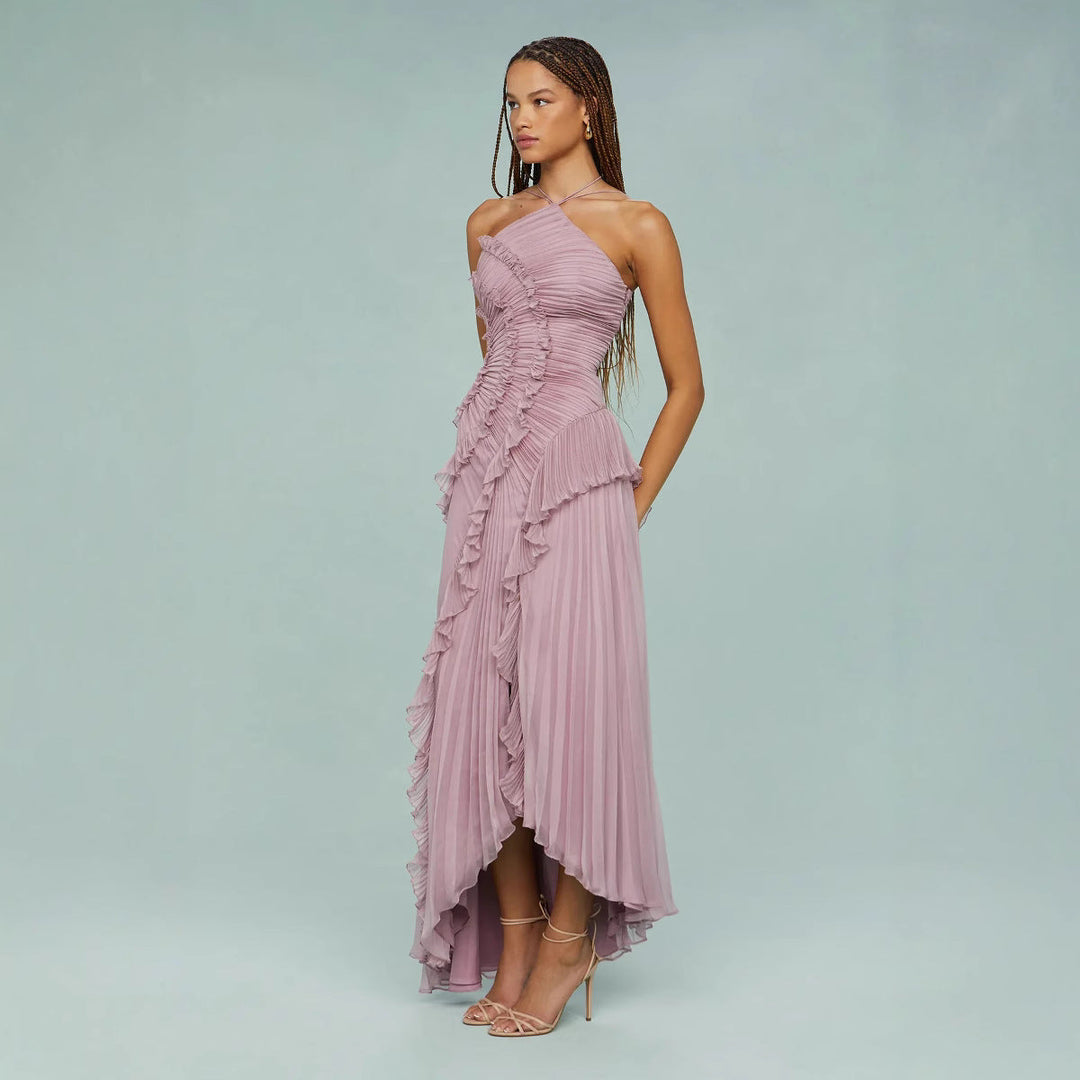 Maraike - Pleated Frill Halter Neck Maxi Dress