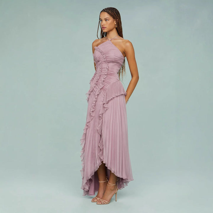 Maraike - Pleated Frill Halter Neck Maxi Dress
