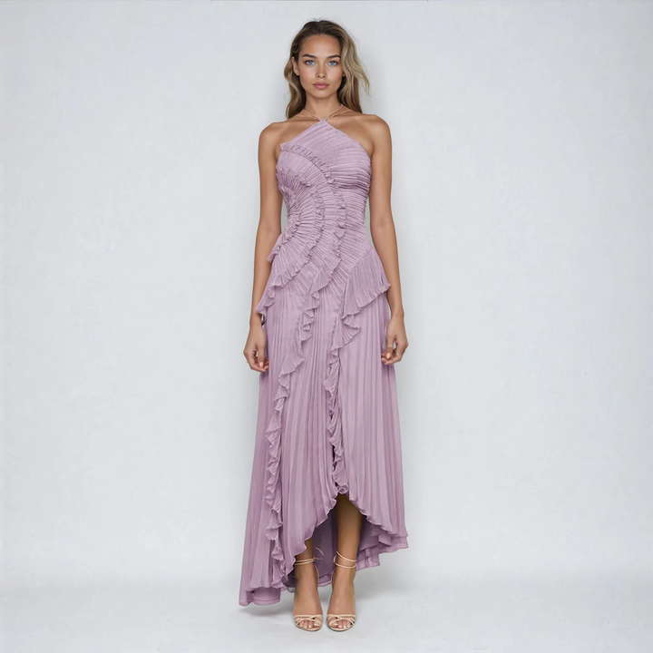 Maraike - Pleated Frill Halter Neck Maxi Dress