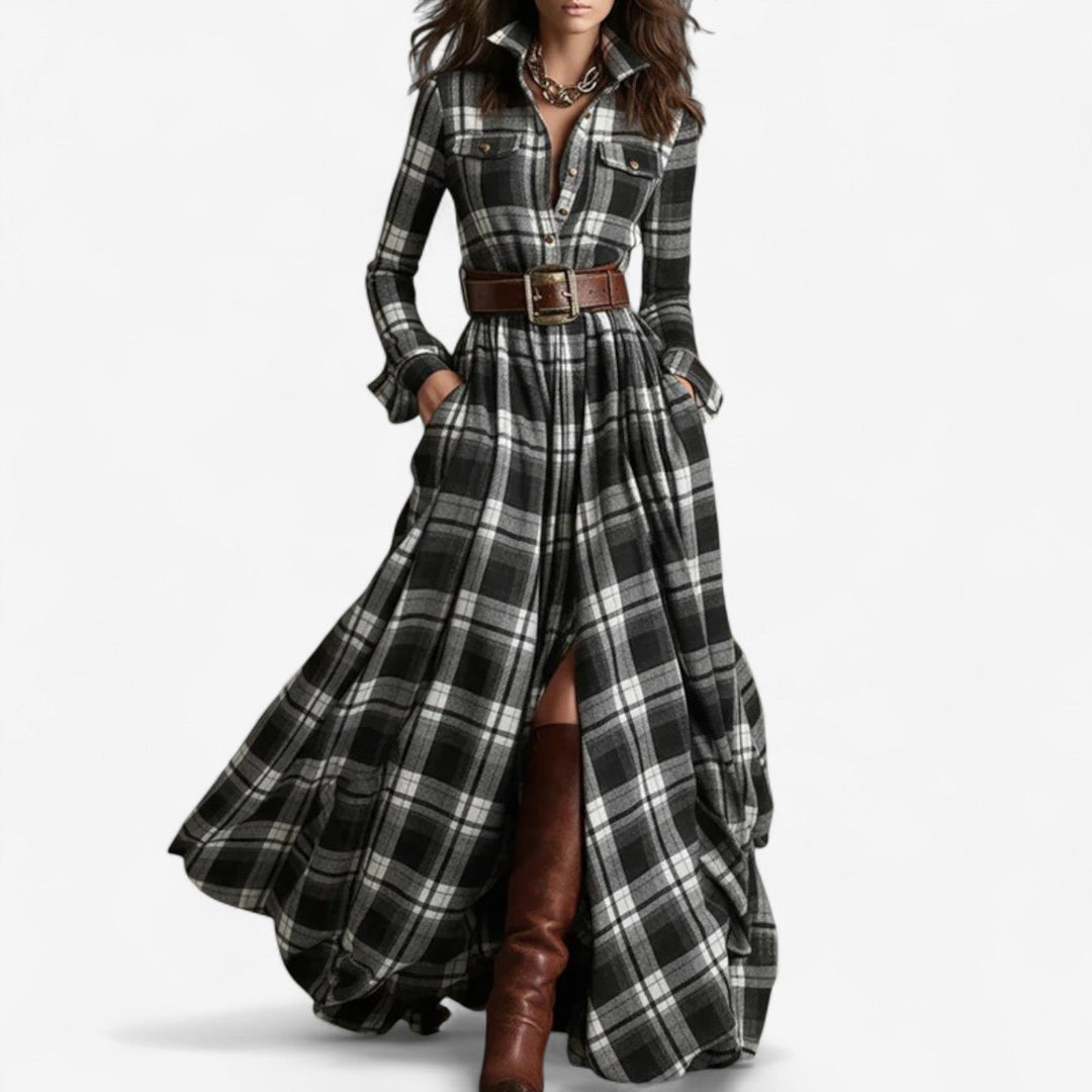 Renske - Plaid Maxi Shirt Dress with Belt