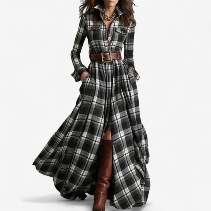 Renske - Plaid Maxi Shirt Dress with Belt