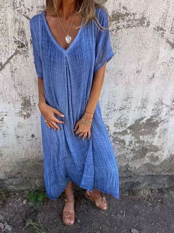 Naduni - Stylish V-Neck Cotton Linen Dress