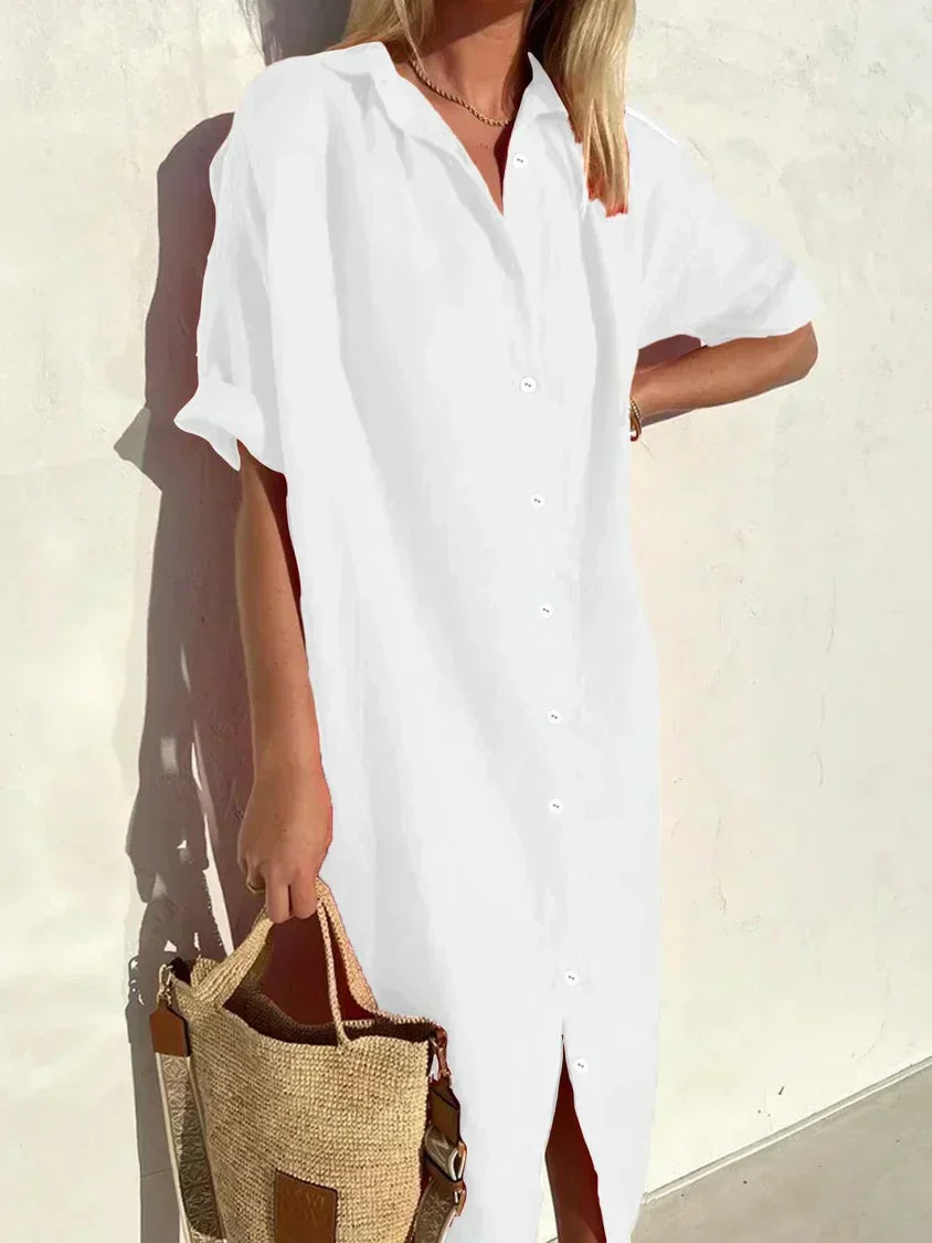 Janie - Elegant Button Closure And Linen Dress