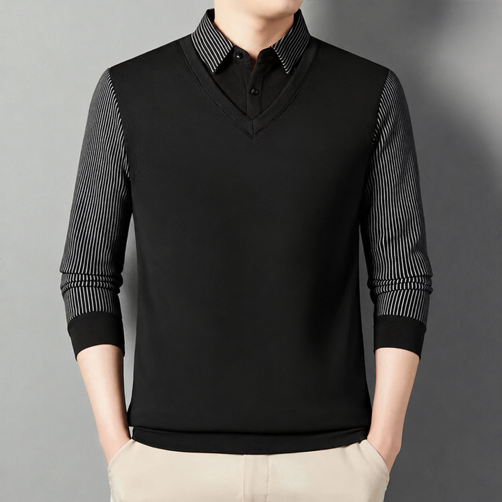 Svevira - Striped Sleeve Sweater With Buttoned Shirt Collar