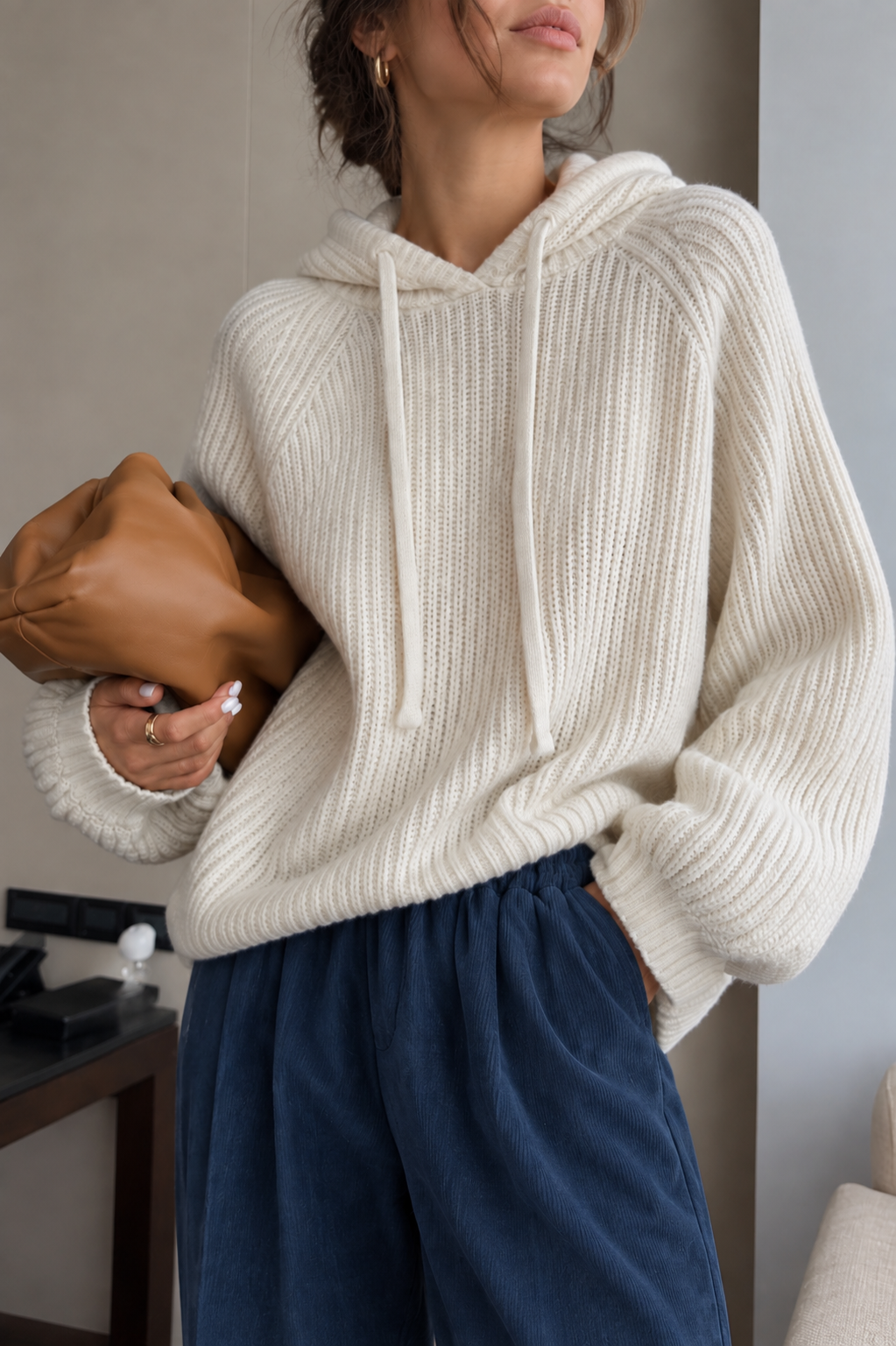 Lira - Ribbed Knit Drawstring Hooded Sweater