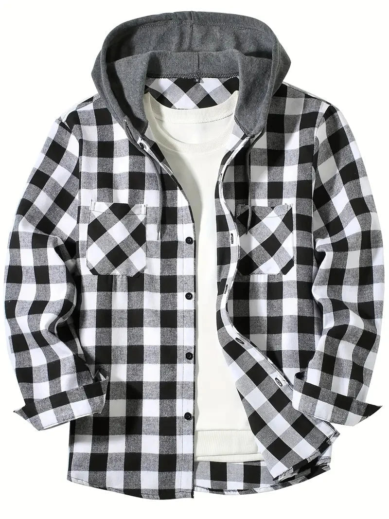Bodgarel - Plaid Long Sleeve Hooded Button-Up Shirt