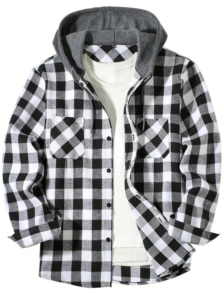 Bodgarel - Plaid Long Sleeve Hooded Button-Up Shirt